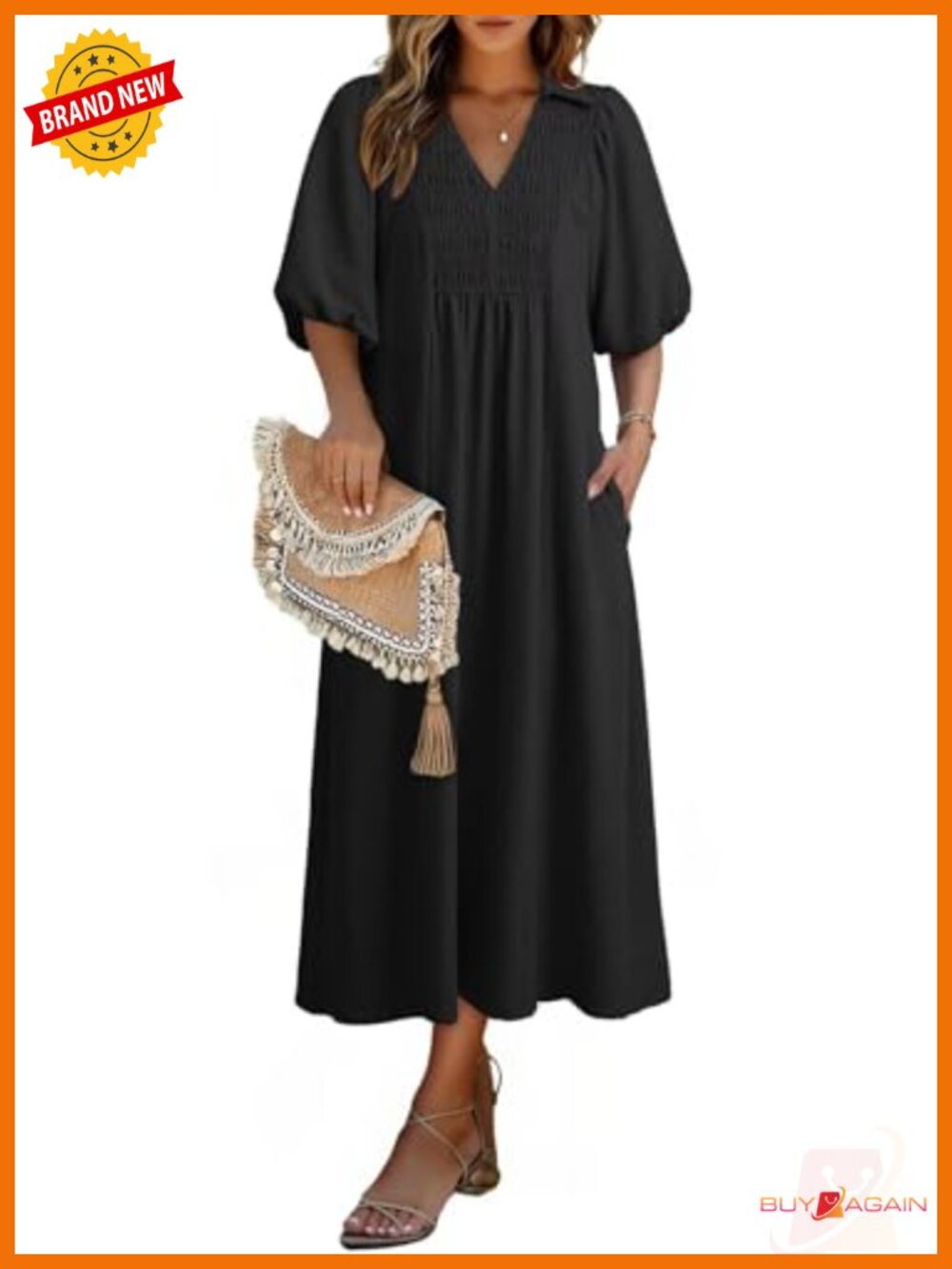 Women's V Neck Puff Sleeve Empire Waist A-Line Maxi Dress